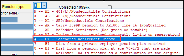 Image of "Ct - Teacher's Retirement Income" in the "Pension Type" drop list on screen 1099